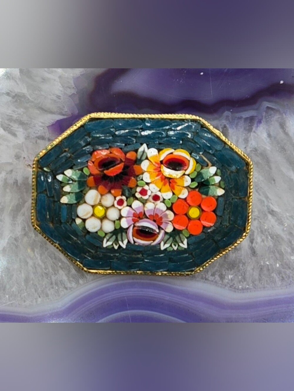 Floral Mini Mosaic Brooch Measures 1¾" X 1⅝" Made in Italy